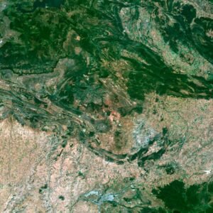 Satellite view of Spain highlighting coastal regions and inland landscapes.