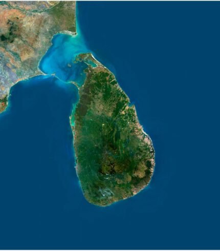 High-resolution Sri Lanka satellite map showing detailed topography and natural features.