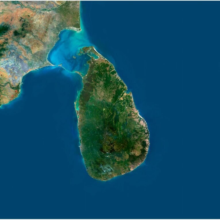 High-resolution Sri Lanka satellite map showing detailed topography and natural features.