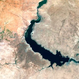 Satellite view of Syria highlighting both natural landscapes and urban areas.