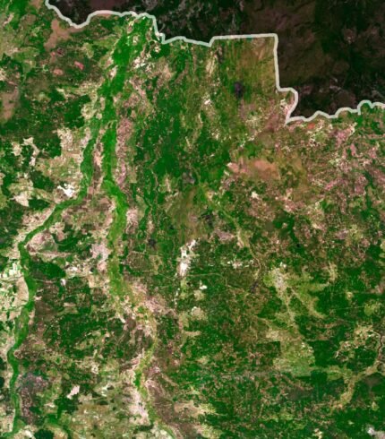 Satellite view of Ukraine highlighting the Carpathian Mountains and Black Sea coast.