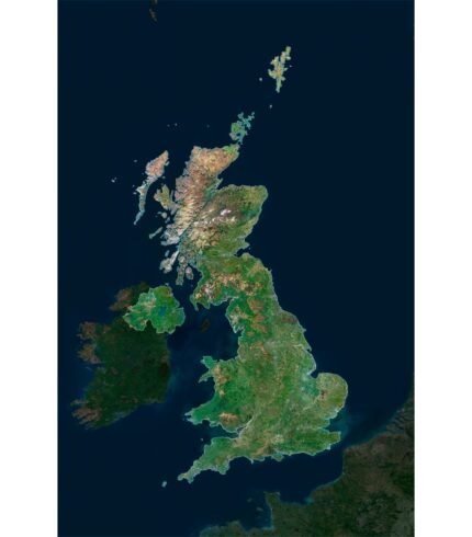 High-resolution United Kingdom satellite map displaying detailed topography.