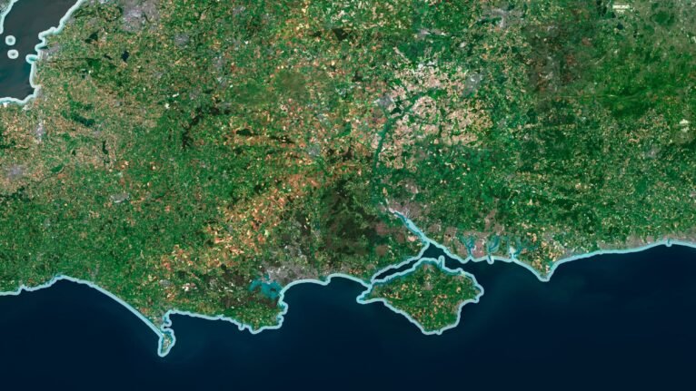 Decorative piece featuring a satellite map of the United Kingdom’s natural and man-made landscapes.