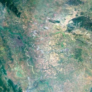 Vietnam satellite view highlighting coastal areas and inland landscapes.