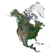 A high-resolution satellite map of North America showing diverse landscapes, including forests, cities, and water bodies.