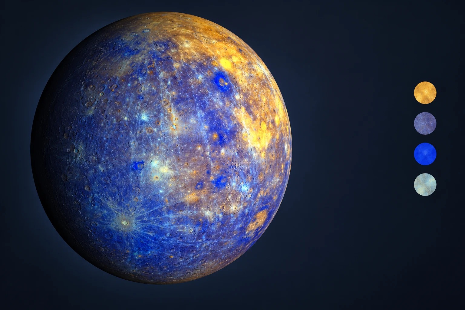 AI-generated Mercury colour-texture illustration concept with blue and gold terrain on a dark editorial background.