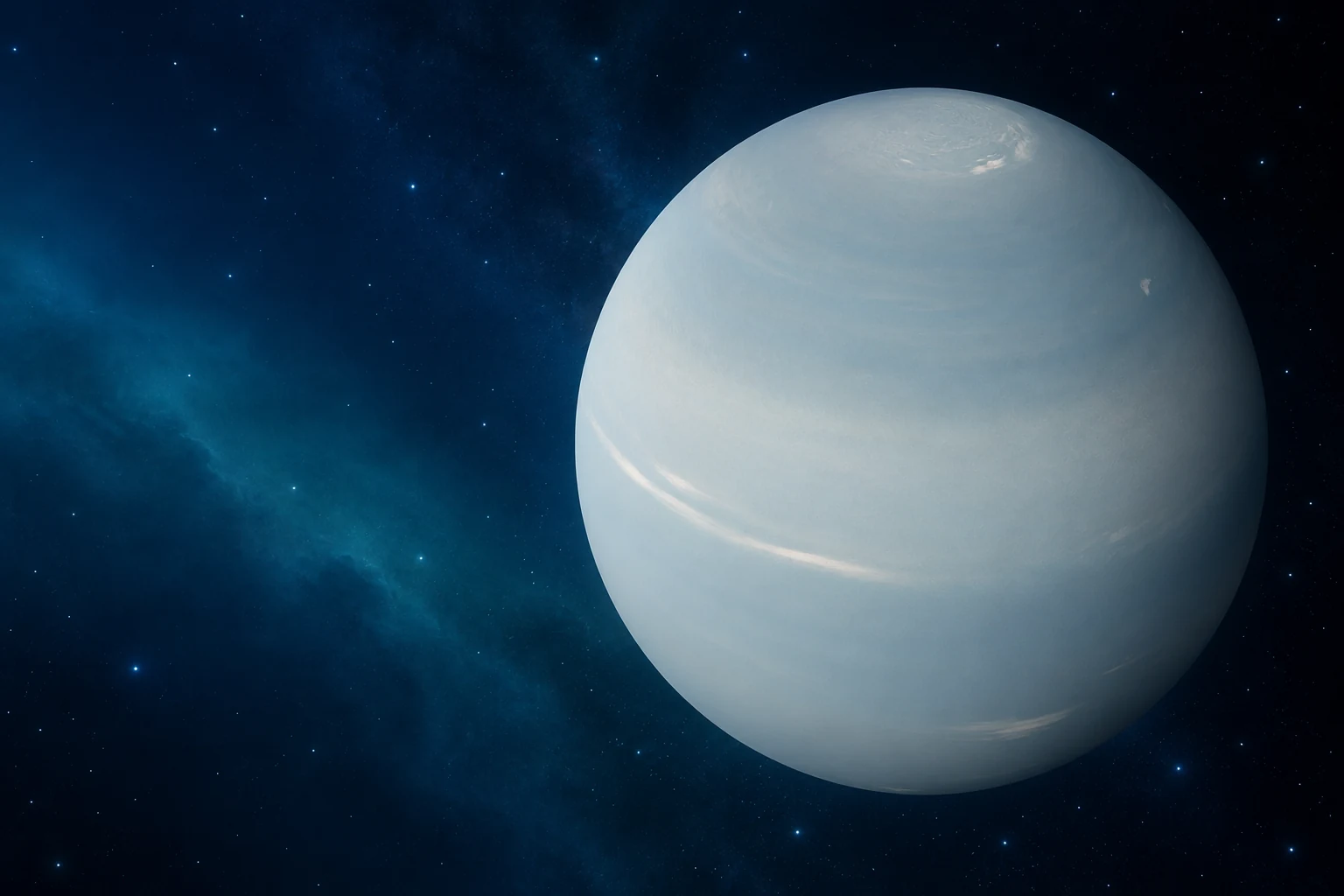 AI-generated Neptune astronomy website banner concept with a pale globe and a blue space background.
