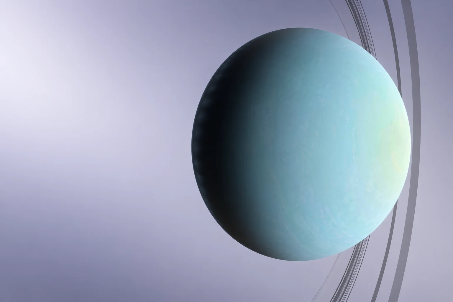 AI-generated Uranus presentation illustration concept with a cyan globe and ring arcs on a lavender background.