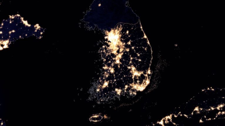 Satellite picture of Korea at night with border