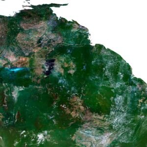 High-resolution satellite map of South America showing cities, forests, and rivers.