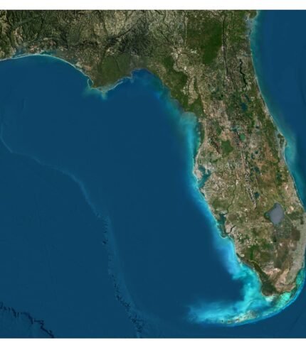 A digital render of the Florida State Terrain Map available for download in OBJ format, highlighting the realistic elevation and land features.