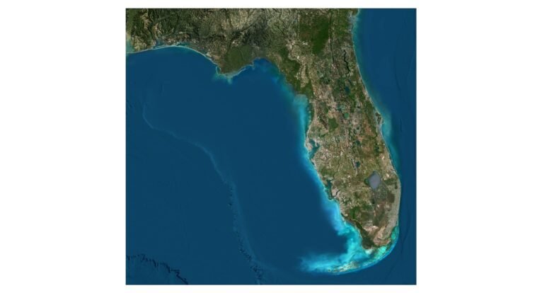 A digital render of the Florida State Terrain Map available for download in OBJ format, highlighting the realistic elevation and land features.