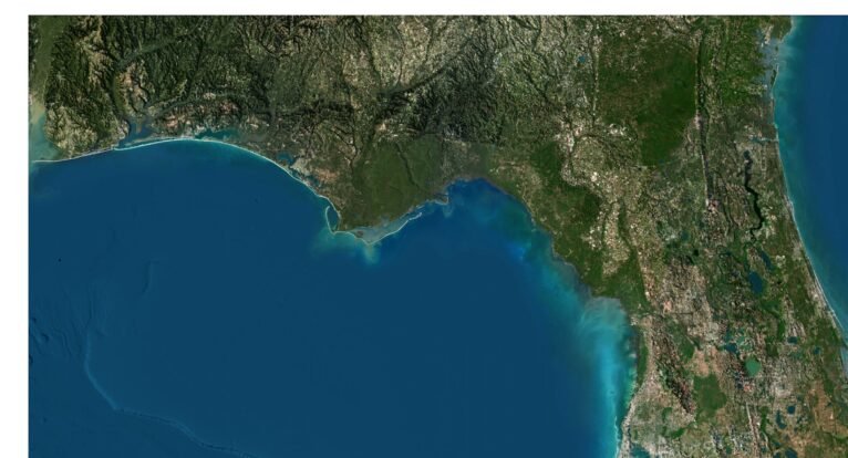 Close-up of Florida’s coastline on the 3D terrain map, displaying the intricate details of the coastal regions.