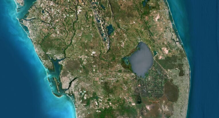 Perspective view of the Florida State 3D Terrain Map, showing the varying elevations across the state.