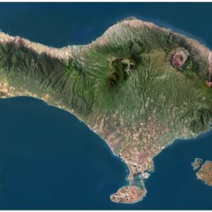 Aerial view of Bali converted into a 3D model with accurate geography.