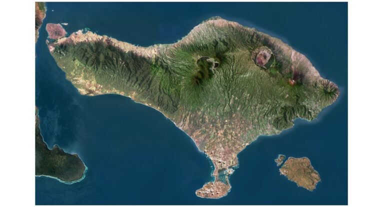 Aerial view of Bali converted into a 3D model with accurate geography.