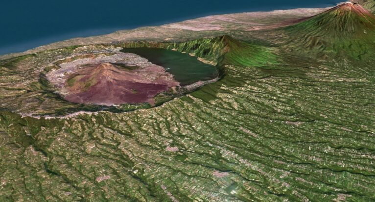 Satellite image rendered as a 3D model of Bali with detailed terrain depiction.