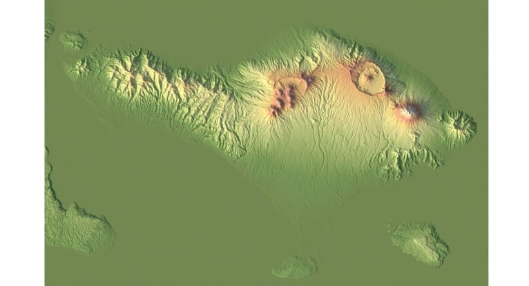 High-quality 3D model of Bali showing elevations and plains.