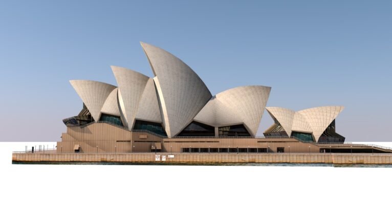 Side perspective of the Sydney Opera House 3D model showing structural details.