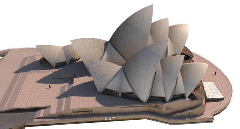 Aerial view of the Sydney Opera House 3D model highlighting the roof structure.