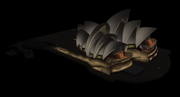 Night render of the Sydney Opera House 3D model with realistic lighting effects.