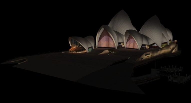 Rear view of the Sydney Opera House 3D model showcasing its full architectural form.