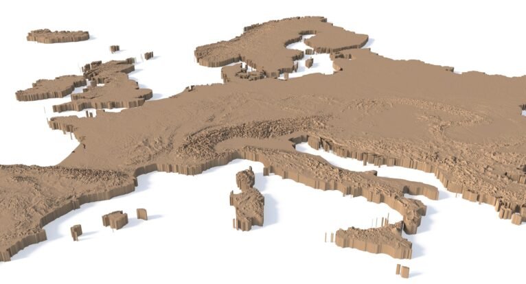 Wireframe geometric design of the Europe 3D print model for visualization.