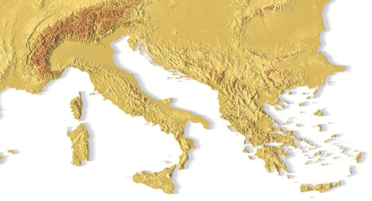 Detailed close-up of European mountain ranges in 3D printable STL model