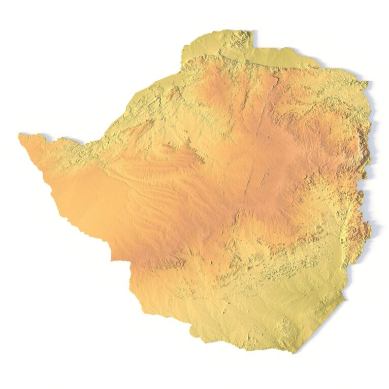 High-resolution 3D map of Zimbabwe showing terrain elevation