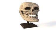 Printed troll face skull placed on a desk as pop culture decoration