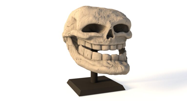 Printed troll face skull placed on a desk as pop culture decoration