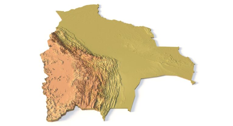Isometric view of Bolivia’s 3D terrain STL map