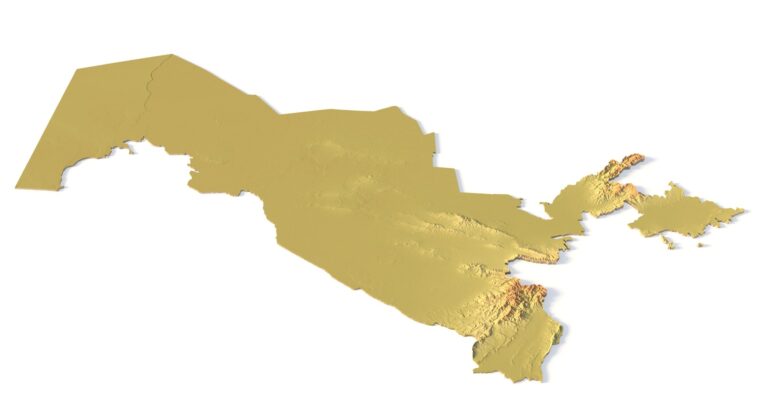 Isometric view of Uzbekistan’s 3D terrain STL map