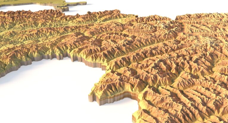 Isometric view of Tajikistan’s 3D terrain STL map