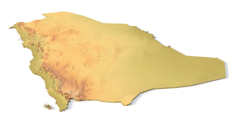 Isometric view of Saudi Arabia’s 3D terrain STL map