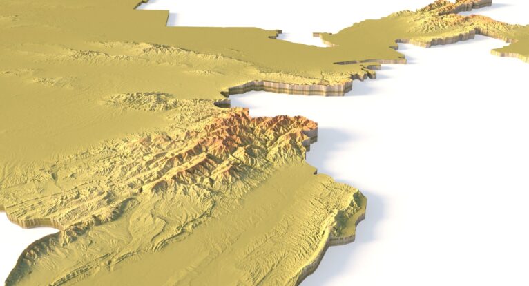 Side view of Uzbekistan’s detailed STL terrain model