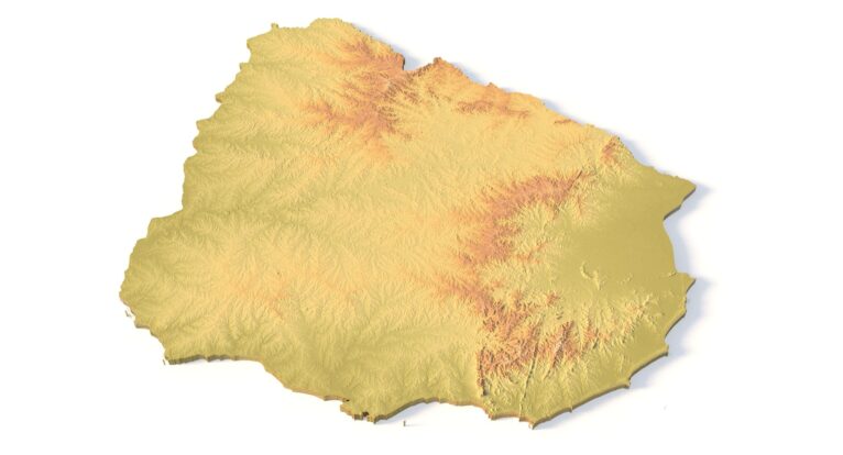 Isometric view of Uruguay’s 3D terrain STL map