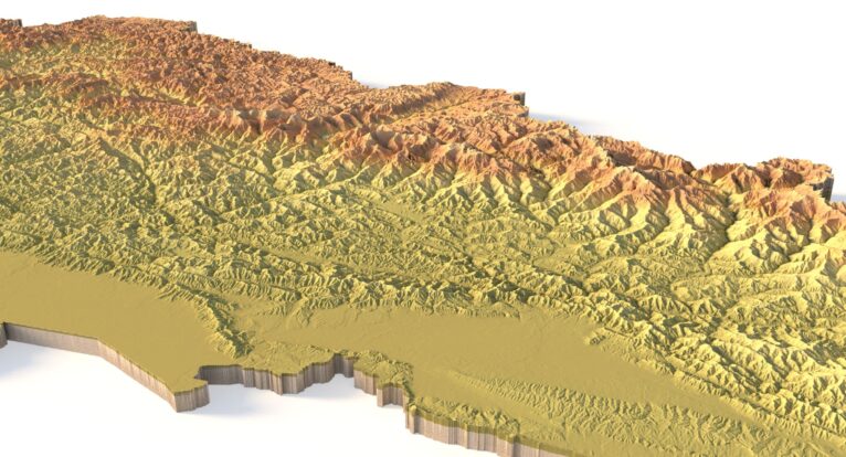 Side view of Nepal’s detailed STL terrain model