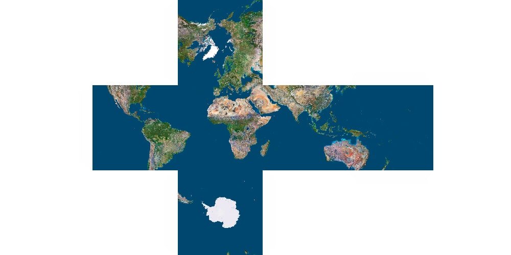 3D cube projection of Earth with continents mapped onto six faces