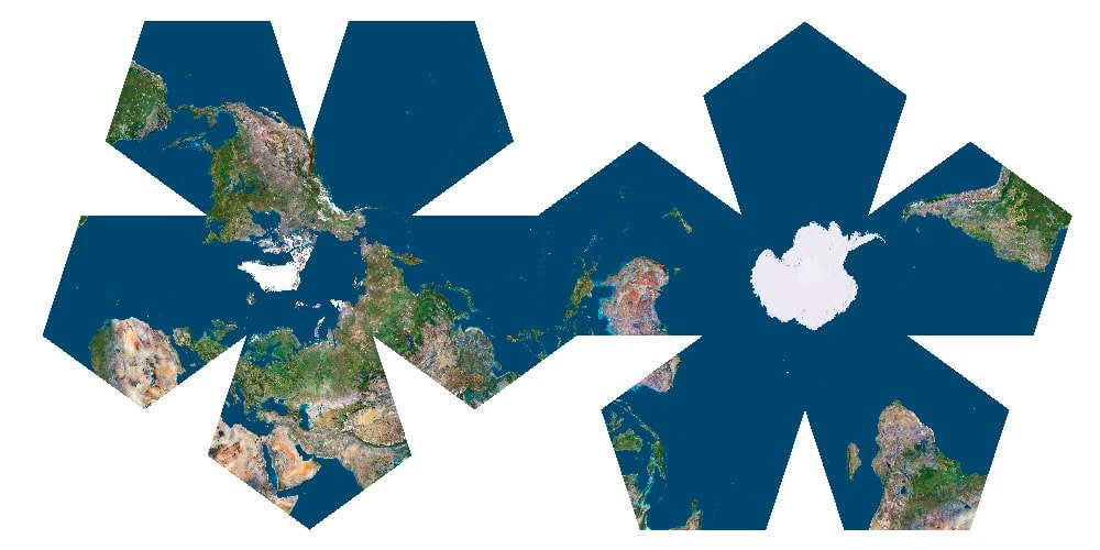 Dodecahedral projection with Earth mapped onto a 12-face geometric solid