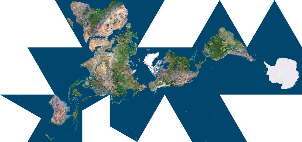 Dymaxion projection of the world unfolded on triangular panels