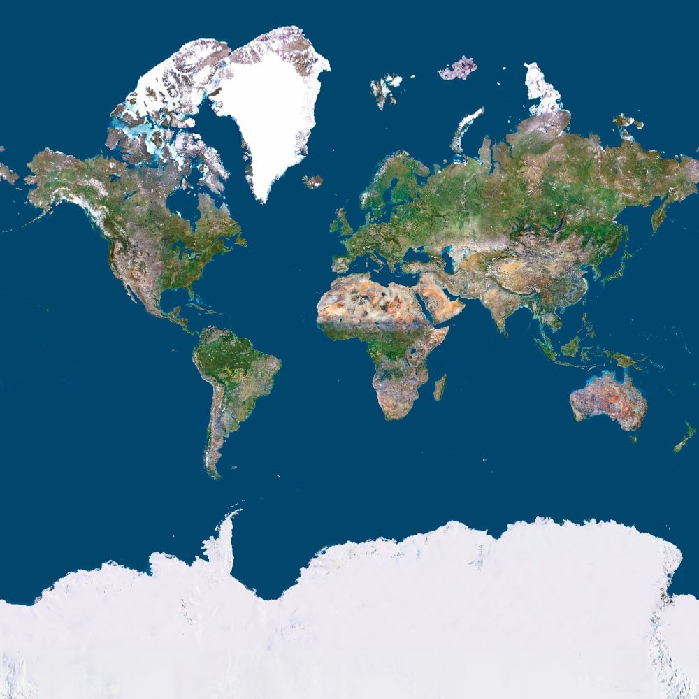 Mercator map projection with distorted polar regions and navigational grid