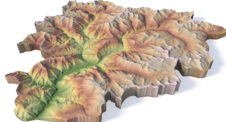 3D model Andorra — final render with pseudo-color overlay and satellite texture