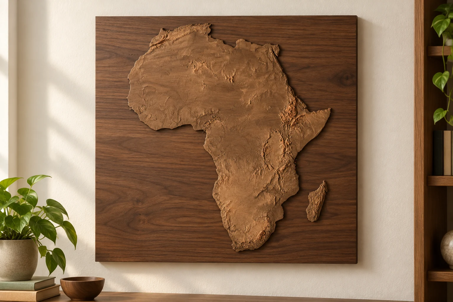 AI-generated concept of Africa terrain CNC-carved in walnut, including Madagascar, on a separate solid wooden wall backing.