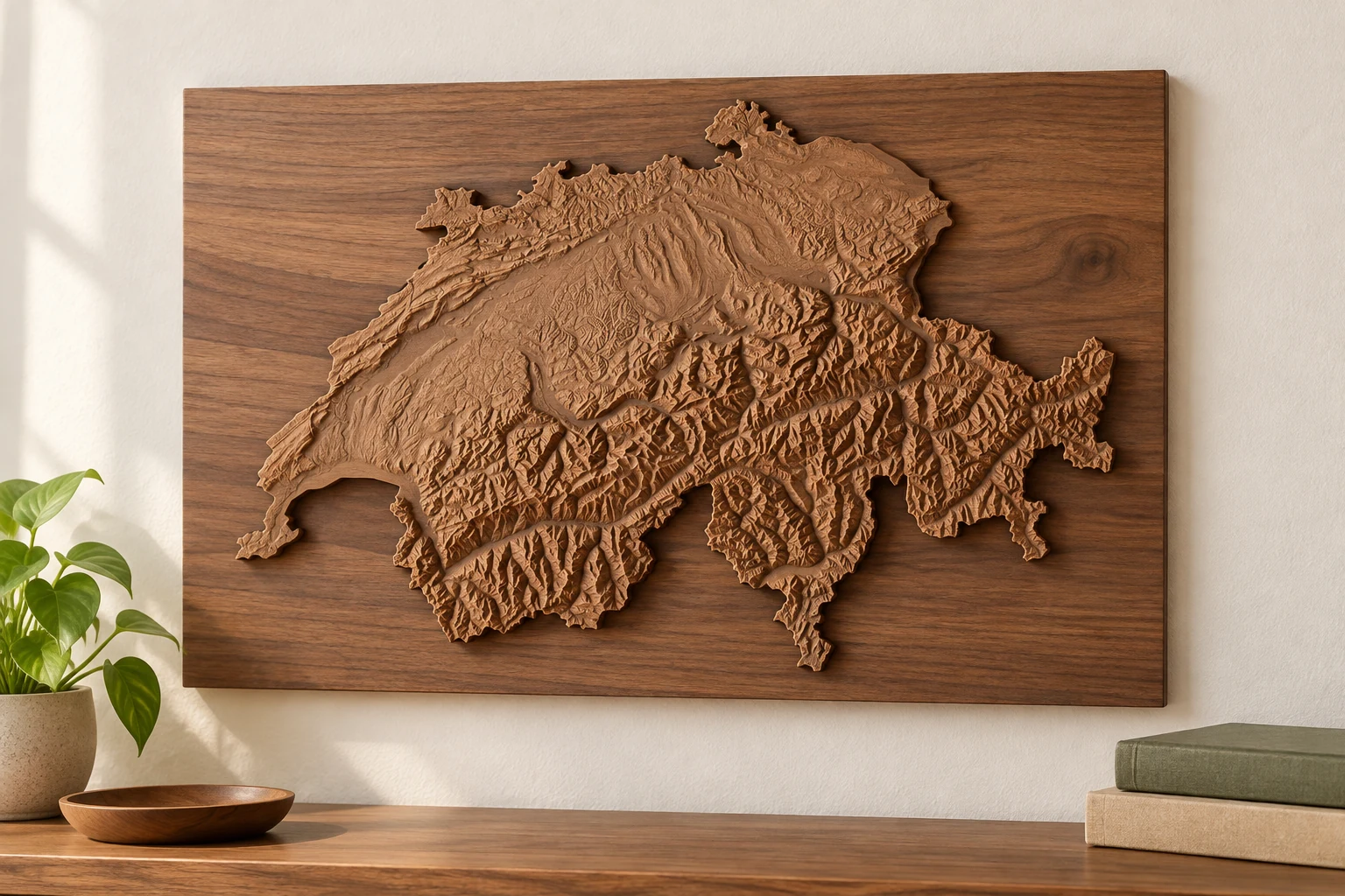 AI-generated concept of Switzerland terrain CNC-carved in walnut on a separate solid wooden wall backing.
