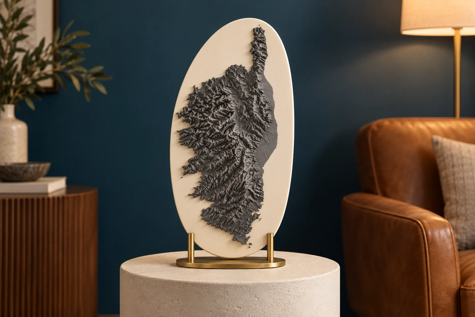 AI-generated concept of a graphite-coloured 3D-printed Corsica relief on an oval ivory backing and brass stand, on a plaster plinth in a blue reading nook.