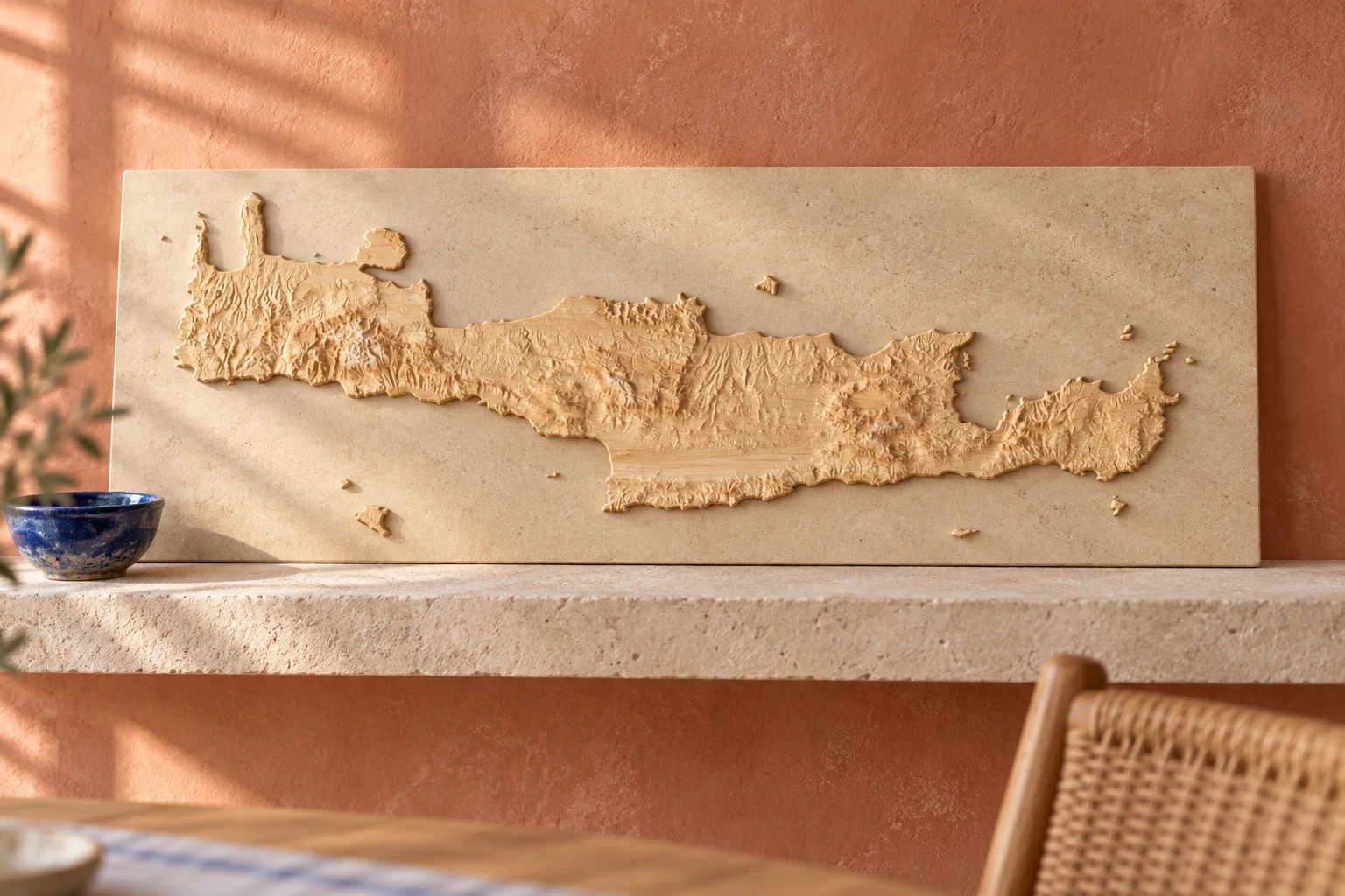 AI-generated concept of Crete terrain CNC-carved in light ash wood on a sand-coloured continuous backing, on a stone shelf against a terracotta wall.