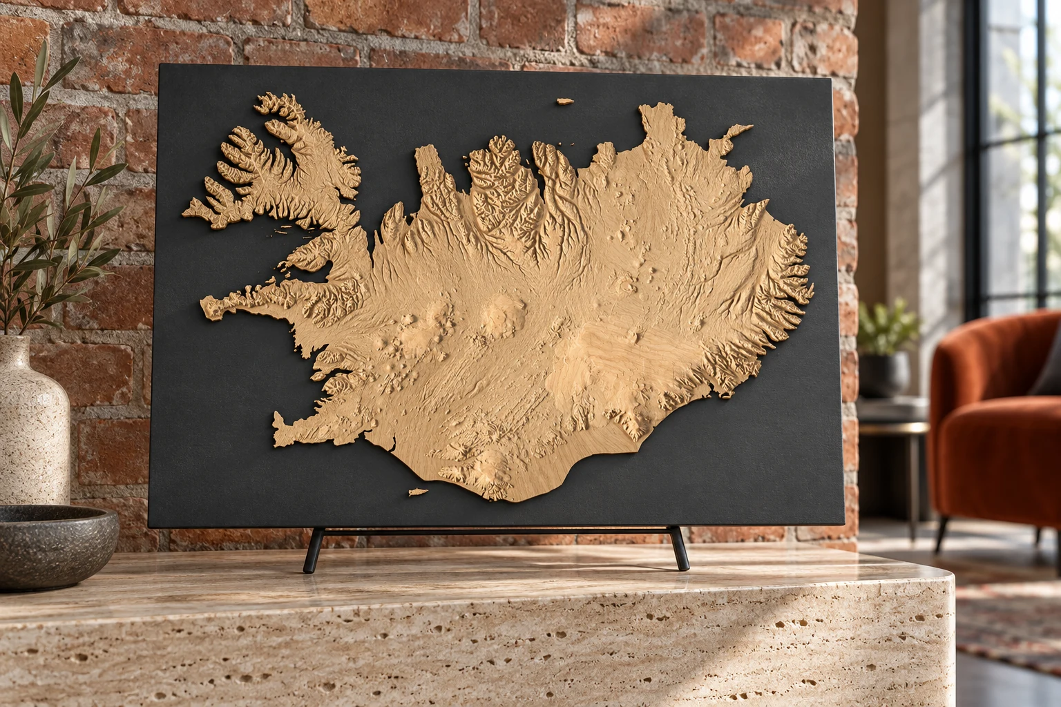 AI-generated concept of an Iceland terrain relief CNC-carved in pale oak on a dark backing, displayed on a travertine console in a brick-walled hotel lobby.