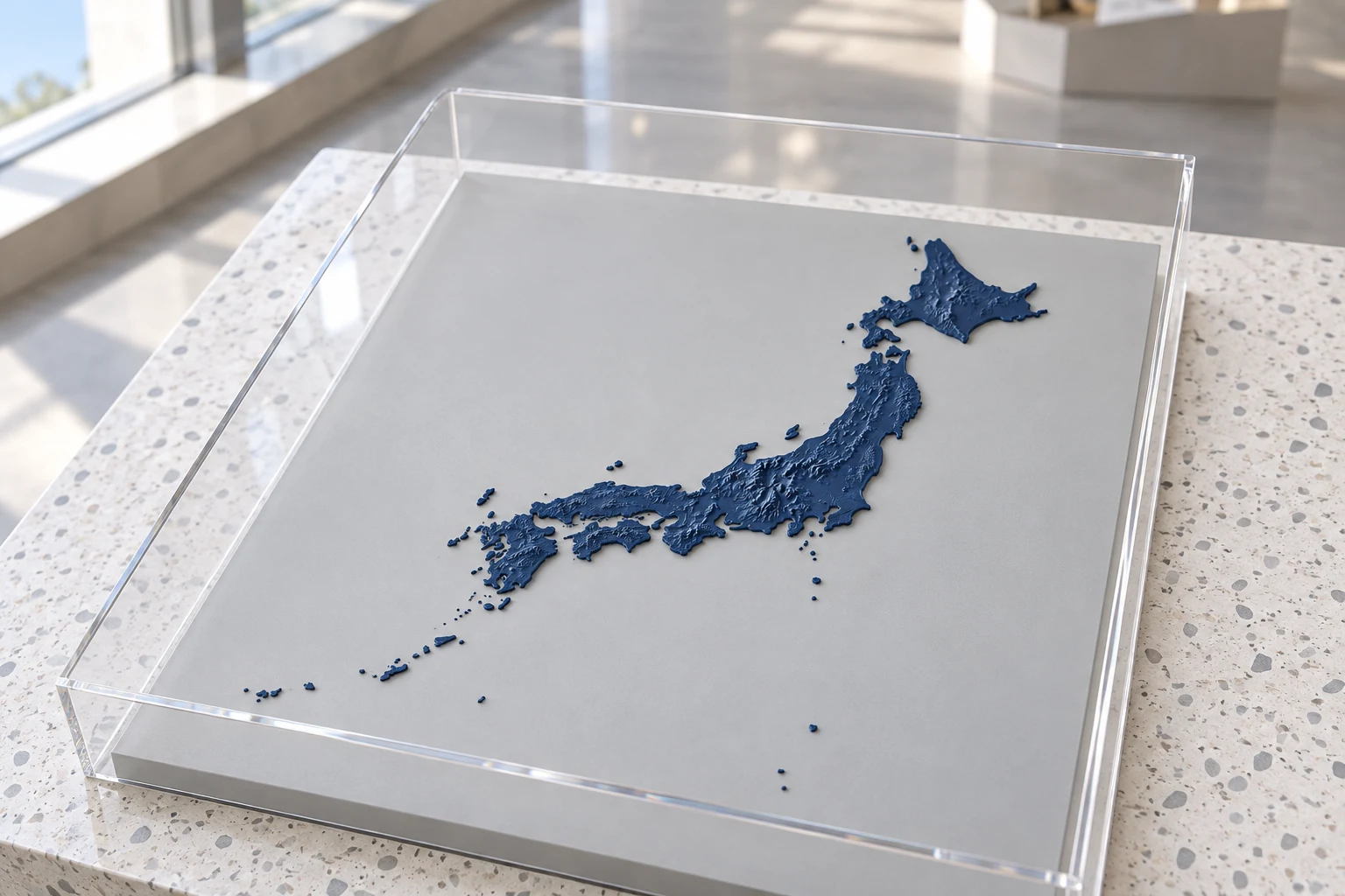 AI-generated concept of a blue 3D-printed Japan archipelago on a continuous grey board beneath a clear acrylic cover in a bright museum gallery.