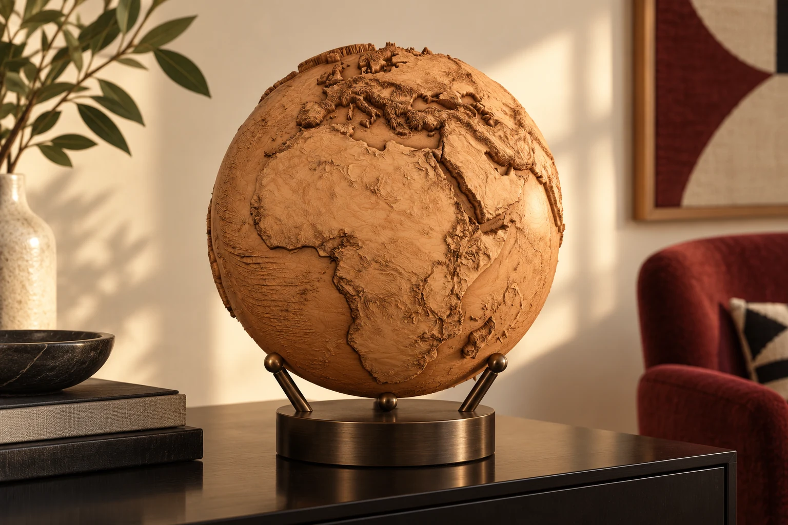AI-generated concept of a cherry-wood Earth globe with exaggerated terrain relief in a bronze cradle on a dark living-room console.
